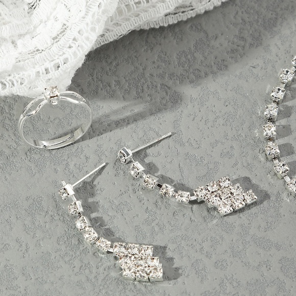 Silver Rhinestone Tie Necklace Bracelet Earrings and Ring Set - Picture 3 of 4